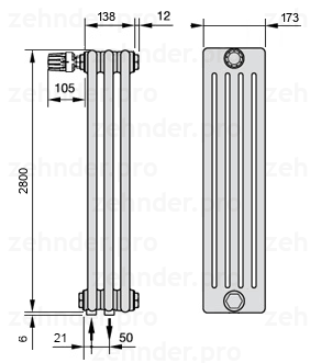 Схема (чертеж) Радиатор Zehnder Charleston 5280/3 №V001 Белый глянцевый RAL 9016